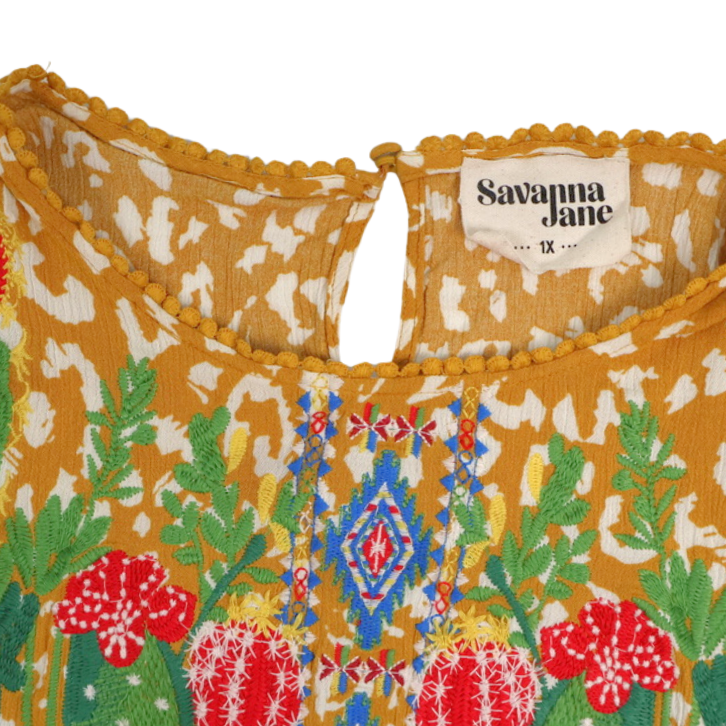Savanna Jane Embroidered Boho Blouse – Mustard Cactus Floral | Size 1X