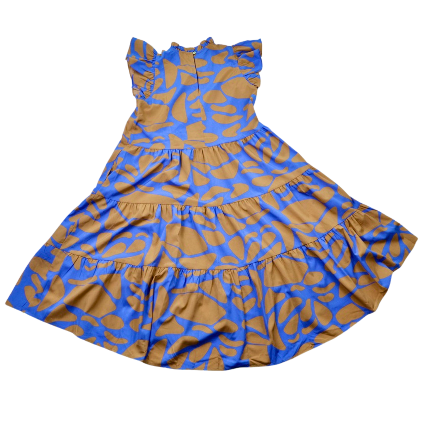 Pinch Abstract Print Midi Dress Blue & Tan Ruffle Sleeve Size Large