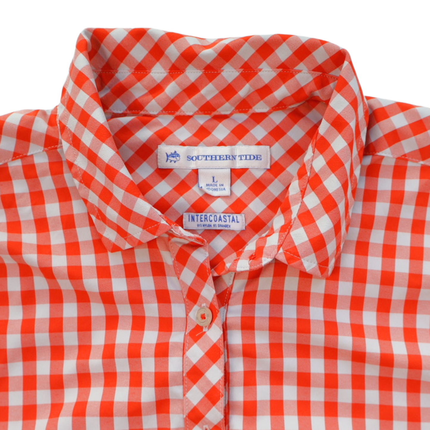 Southern Tide Intercoastal Gingham Performance Shirt Orange White Size Large Lightweight Stretch