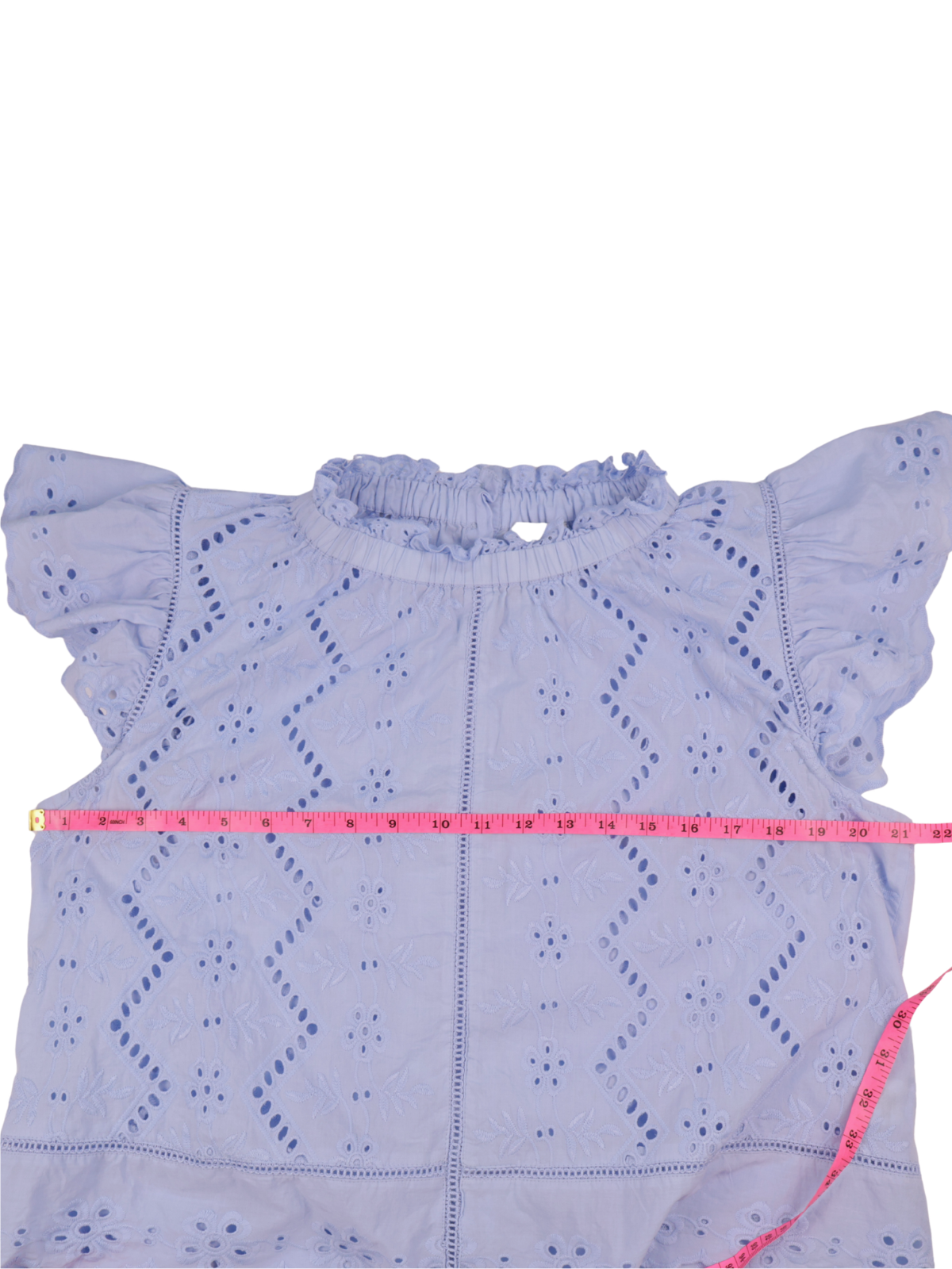 Jennifer & Grace Blue Embroidered Eyelet Blouse | Button Back Flutter Sleeve Top | Large