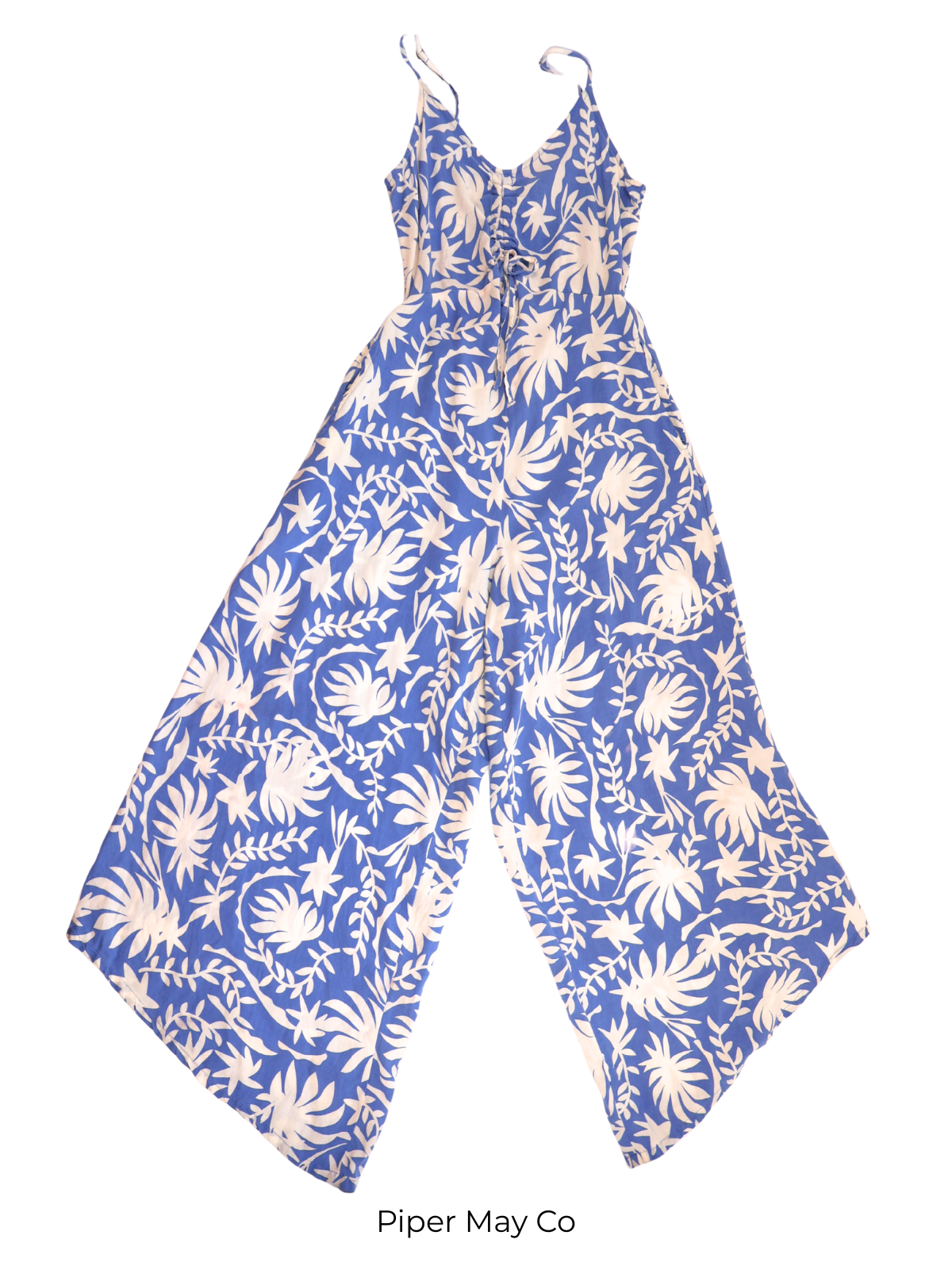 Japna Blue & Cream Tropical Wide-Leg Romper | Effortless Resort Statement | Size XS