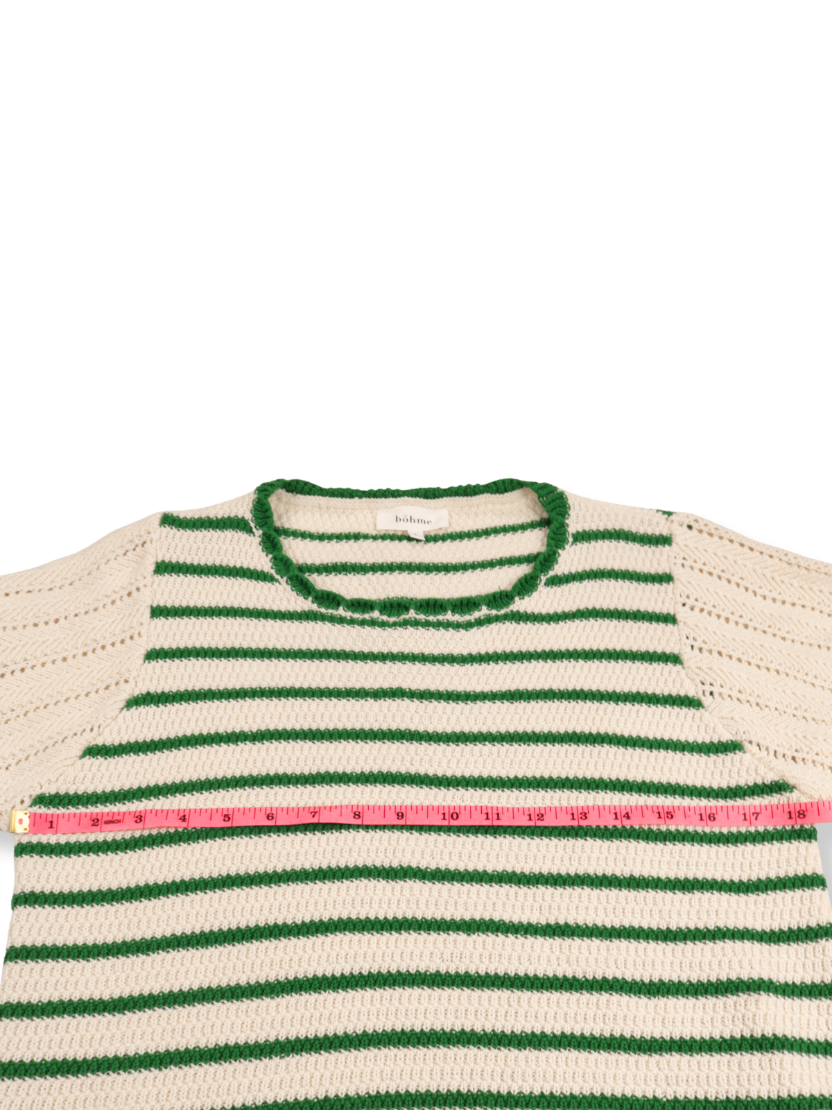 Böhme Crochet Knit Sweater Top Size L | Cream & Green Striped Scalloped Hem