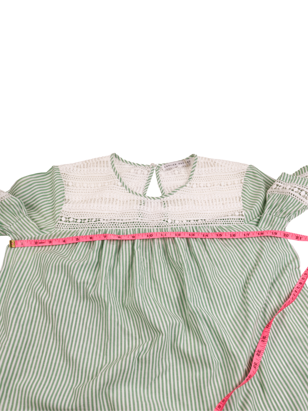 English Factory Green Stripe Blouse Size M | Lace Detail Boho Top | Feminine Statement