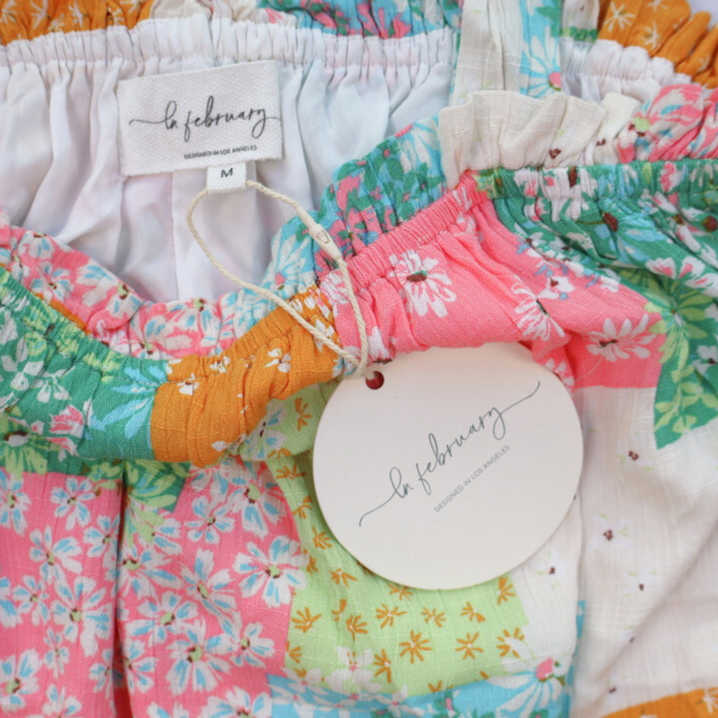 In February Patchwork Smocked Dress Tie Strap Floral Size Medium NWT