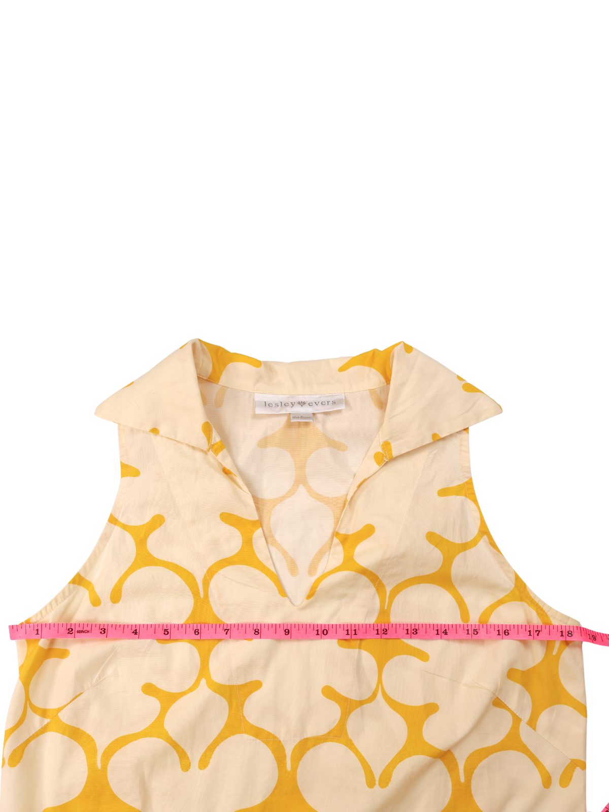 Lesley Evers Sleeveless Shift Dress Medium Yellow Geometric Collared Cotton Summer Dress