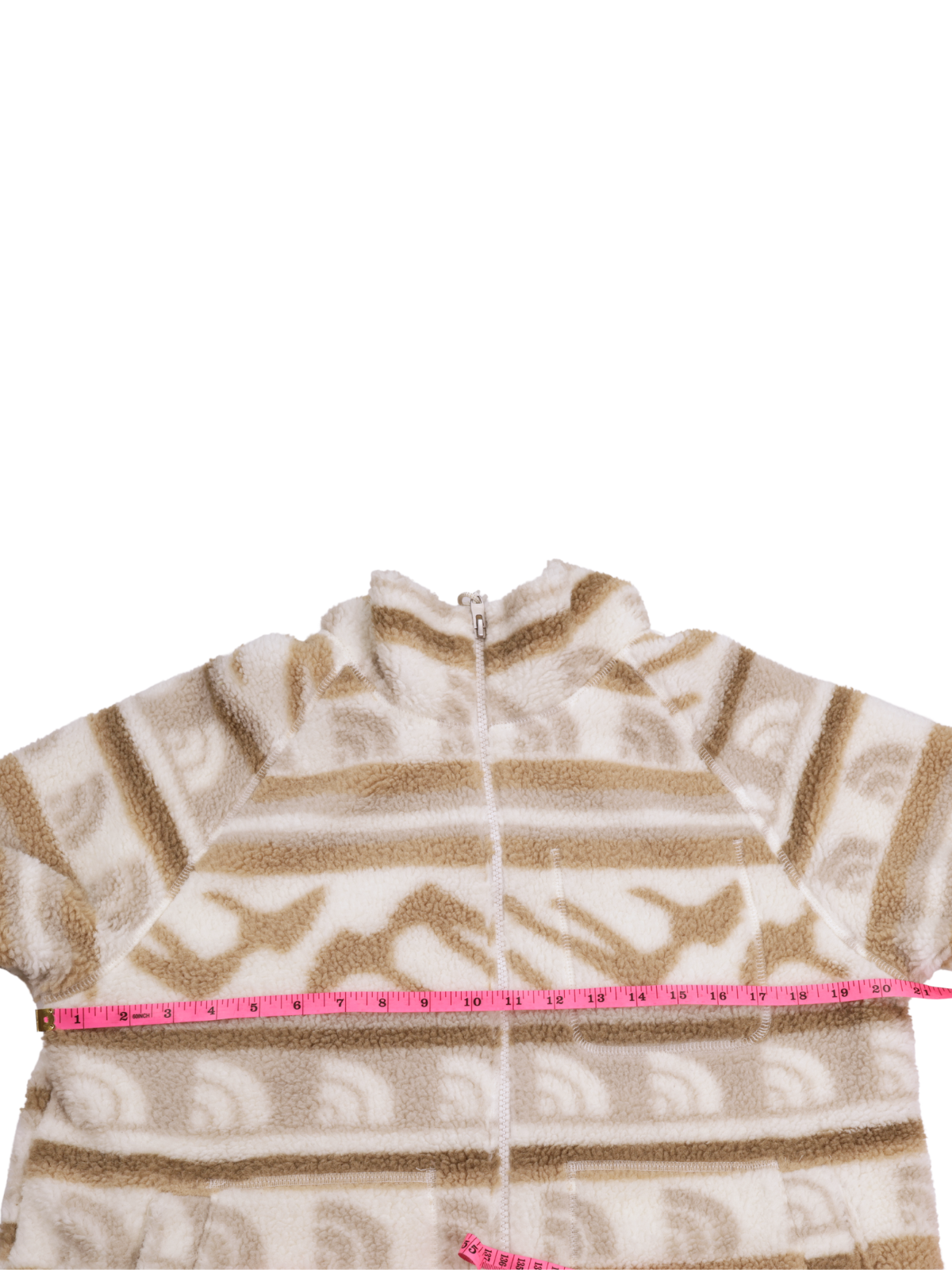 The North Face Printed Sherpa Fleece Jacket – Tan & Cream Cozy Essential (Size Medium)