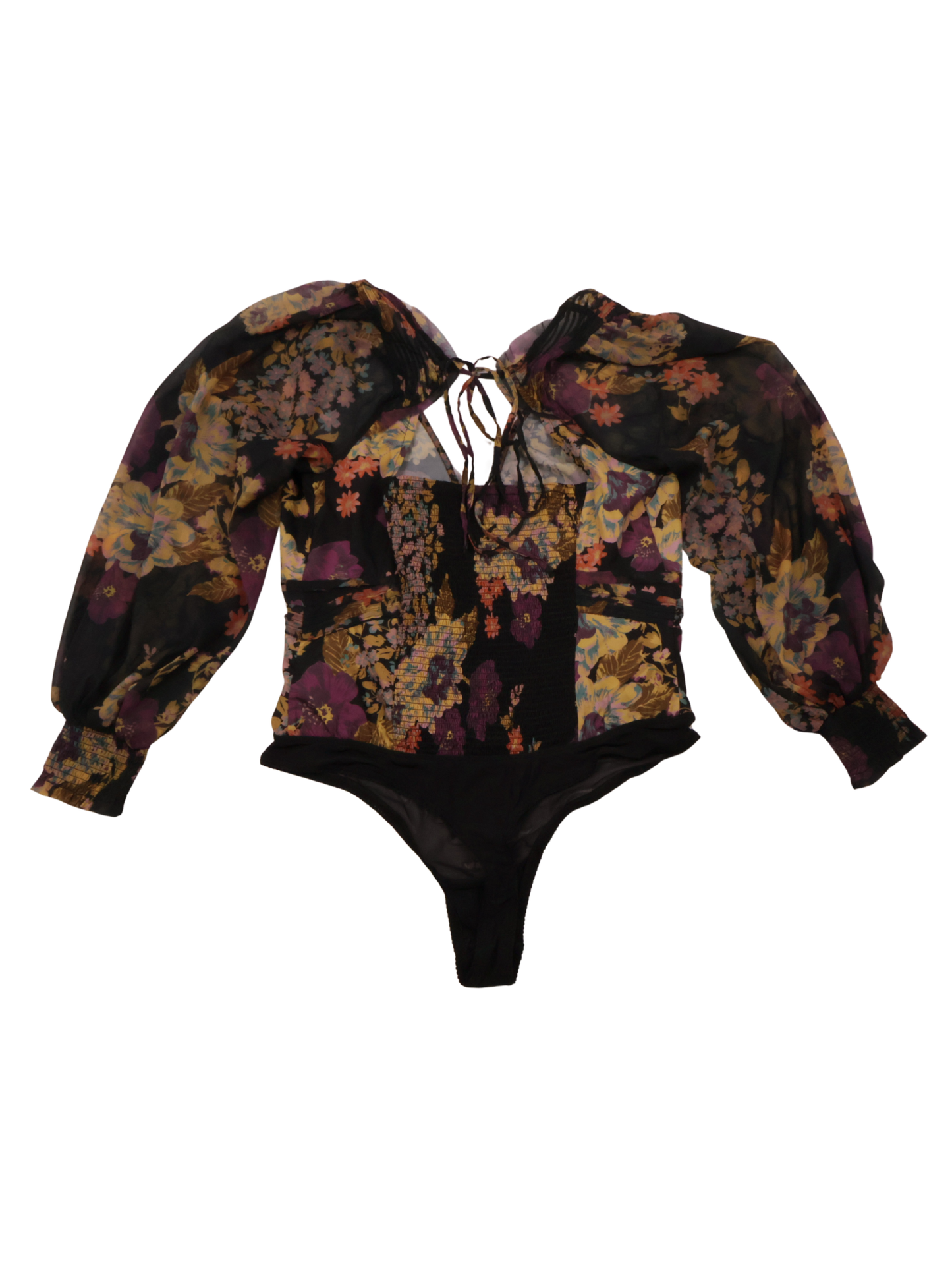 Free People Floral Sheer Statement Bodysuit – Romantic Volume Sleeve | Size Medium