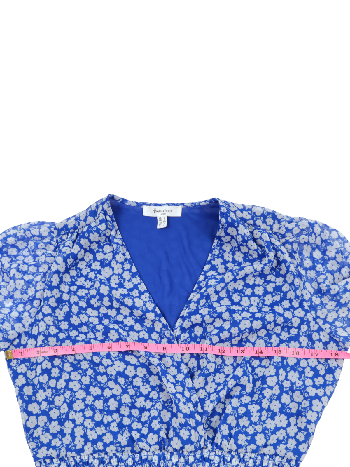 Haver & Blair Blue Floral Smocked Crop Blouse – Feminine Wrap Style (Size Small)