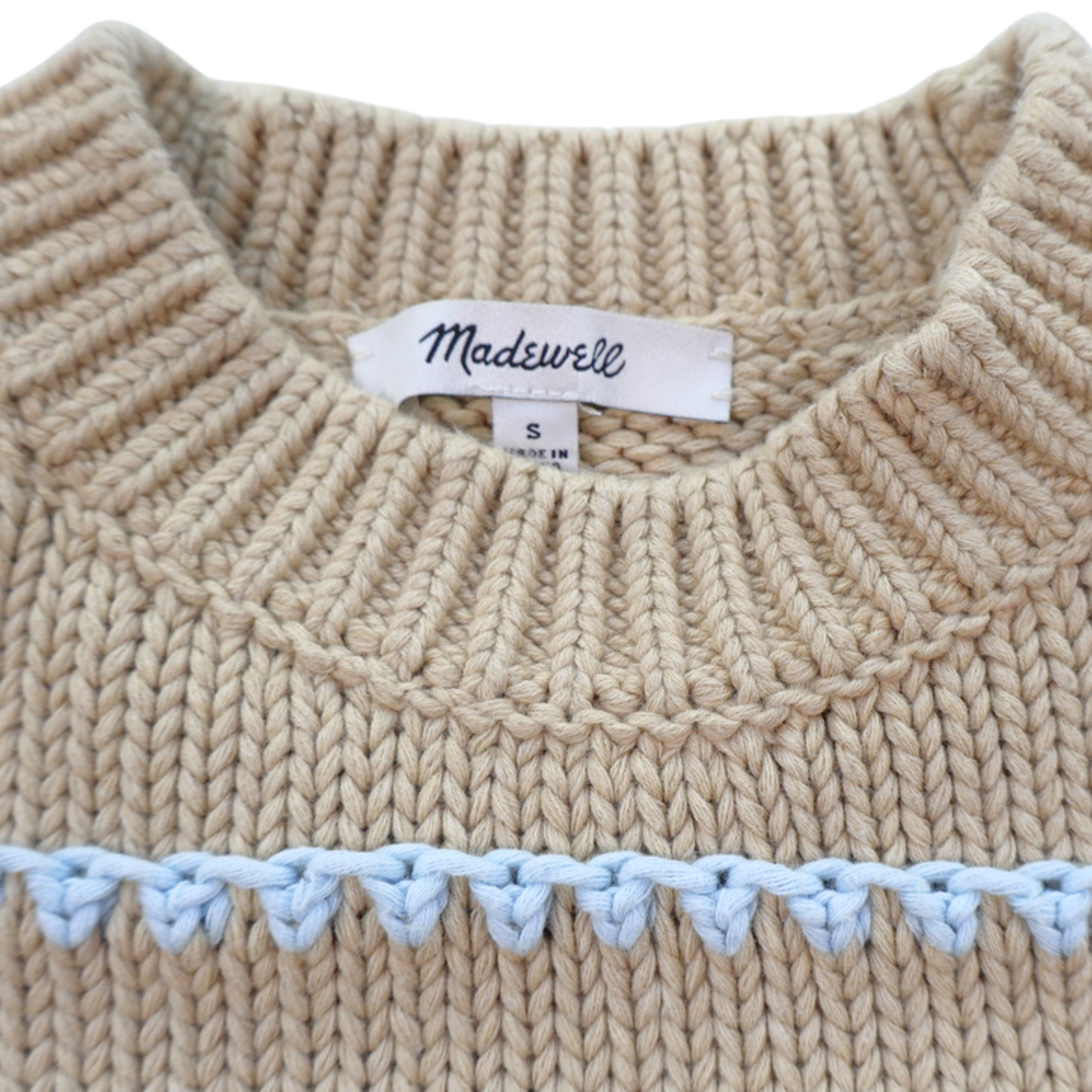 Madewell Cotton Knit Sweater – Tan with Blue Stripe Detail | Size Small | Elevated Everyday Staple