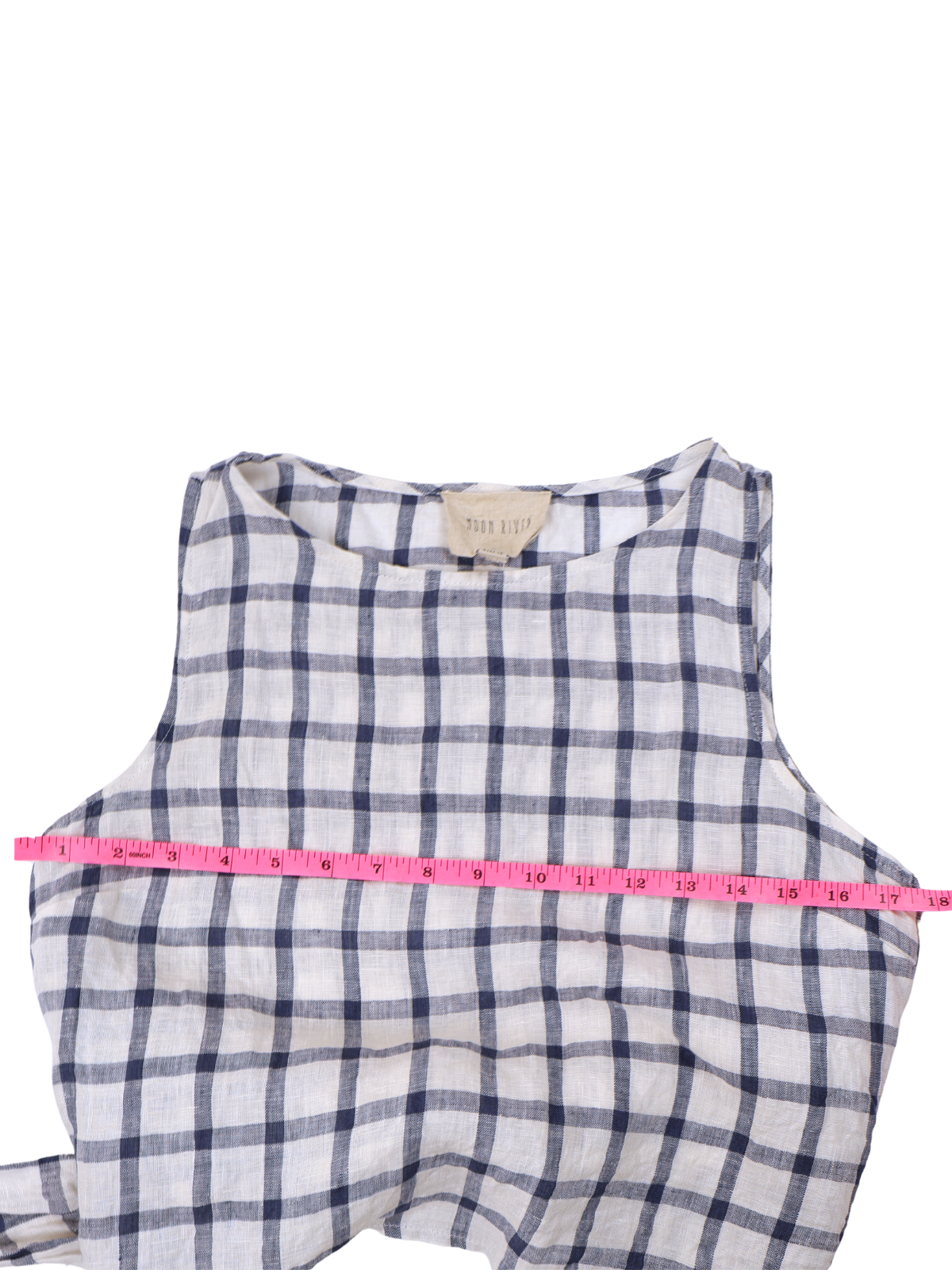 Moon River 100% Linen Plaid Tie Back Crop Tank Top Medium Blue White Coastal