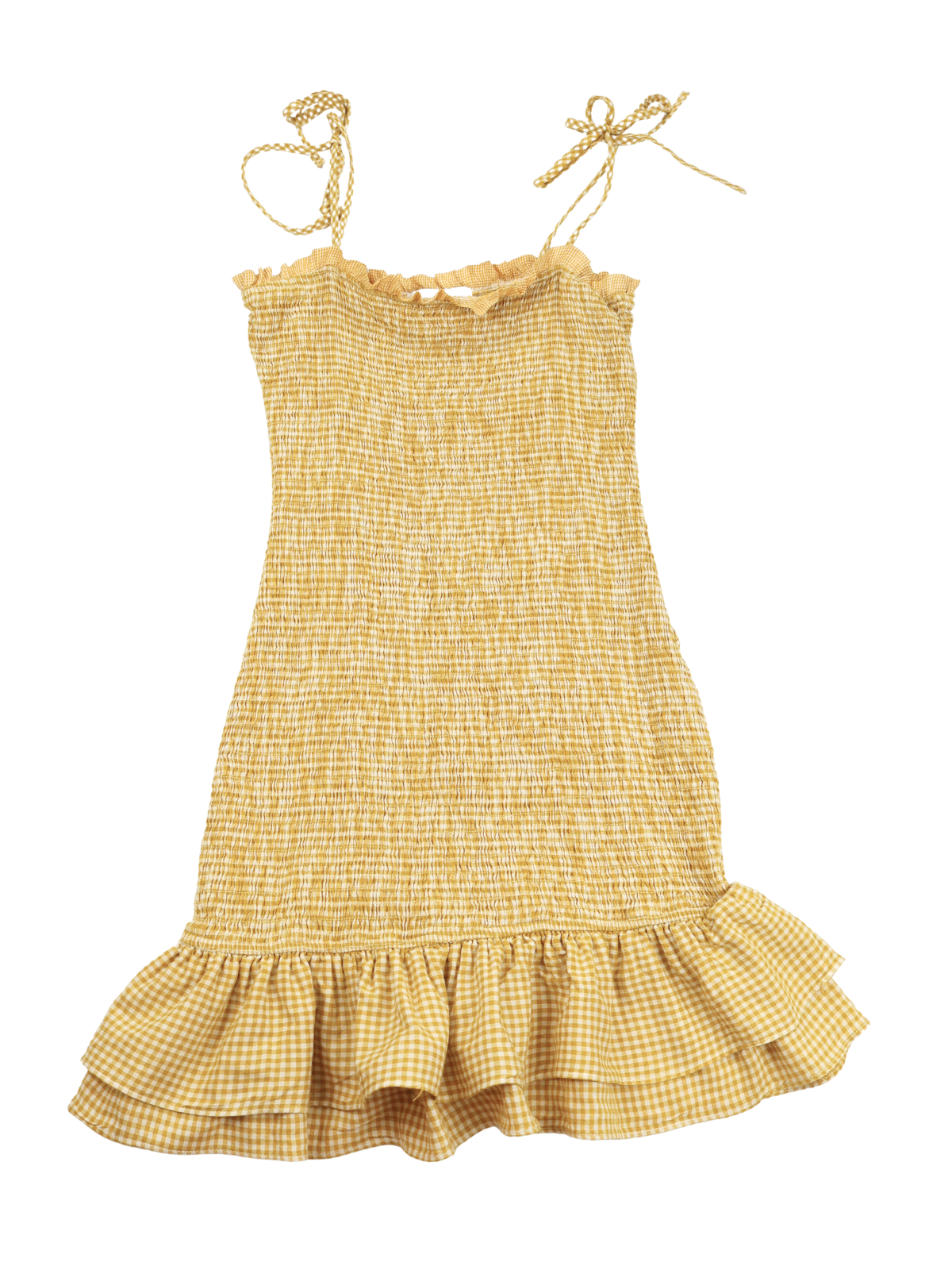 Gilli Mustard Yellow Gingham Smocked Ruffle Dress Size Small