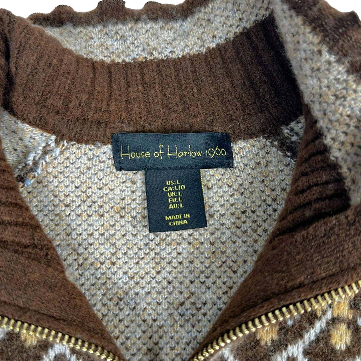 House of Harlow Brown Nordic Zip Sweater – Size Large