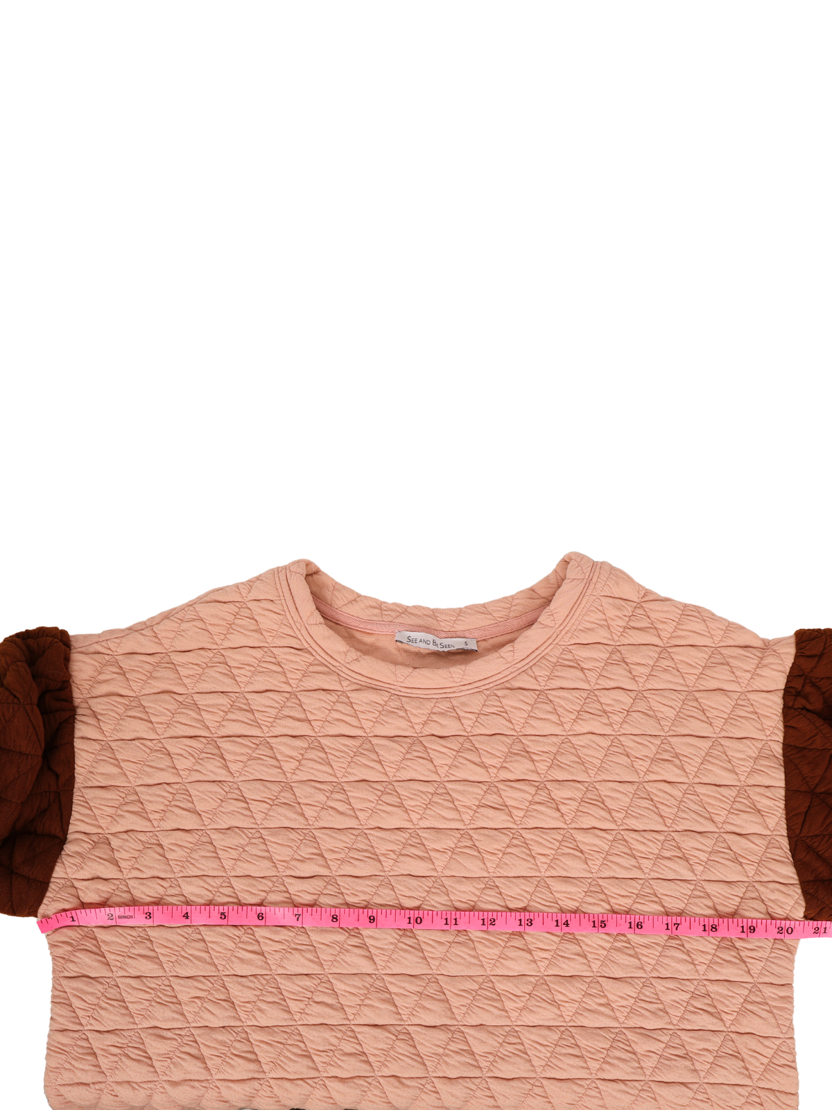 See and Be Seen Quilted Colorblock Top Small Pink Brown Puff Sleeve