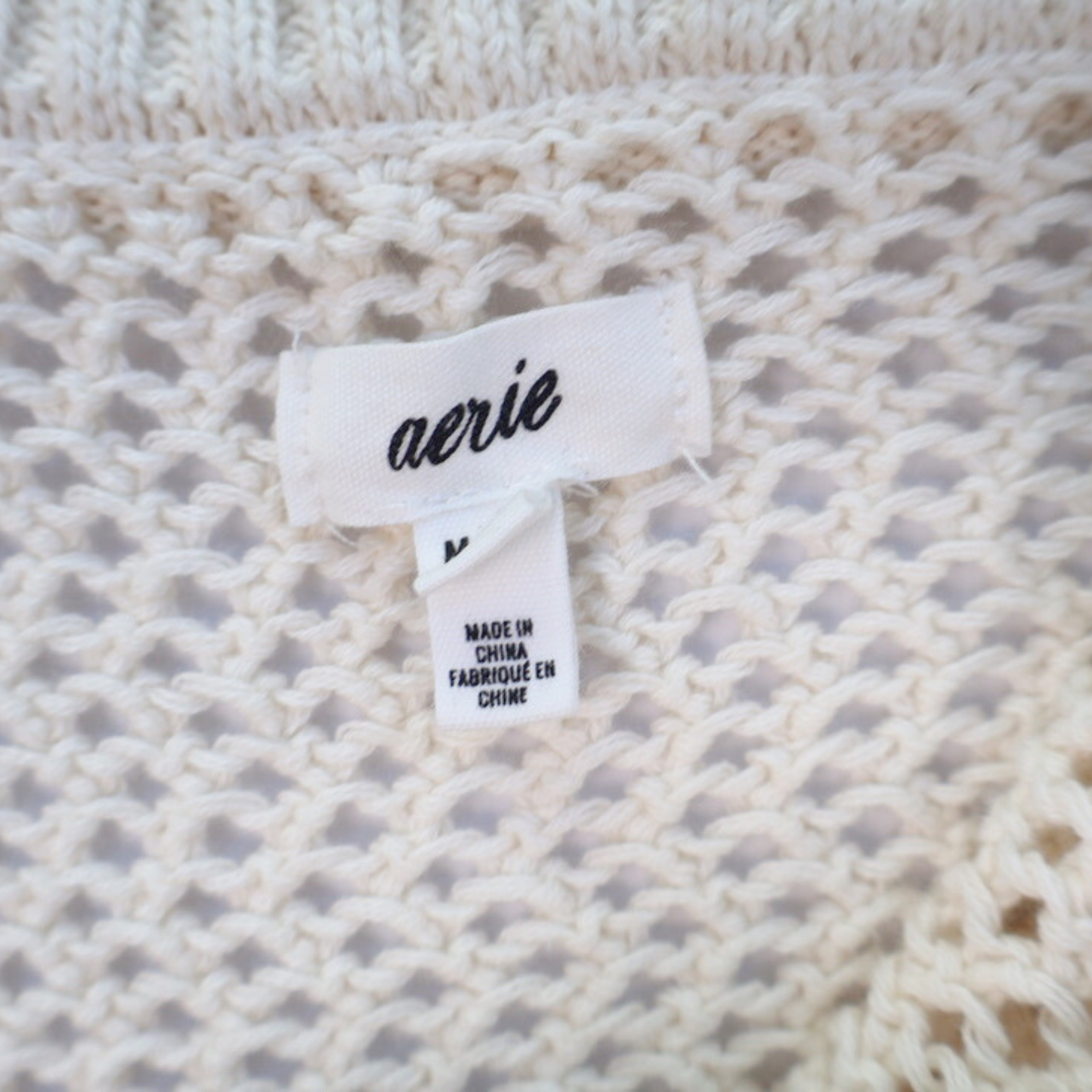 Aerie Cream Open Knit Sweater | Breathable Cotton Pullover | Relaxed Cropped Fit | Size M