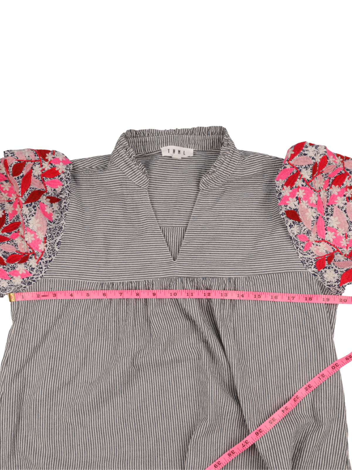 THML Striped Floral Balloon Sleeve Blouse | Boutique Statement Top | Medium
