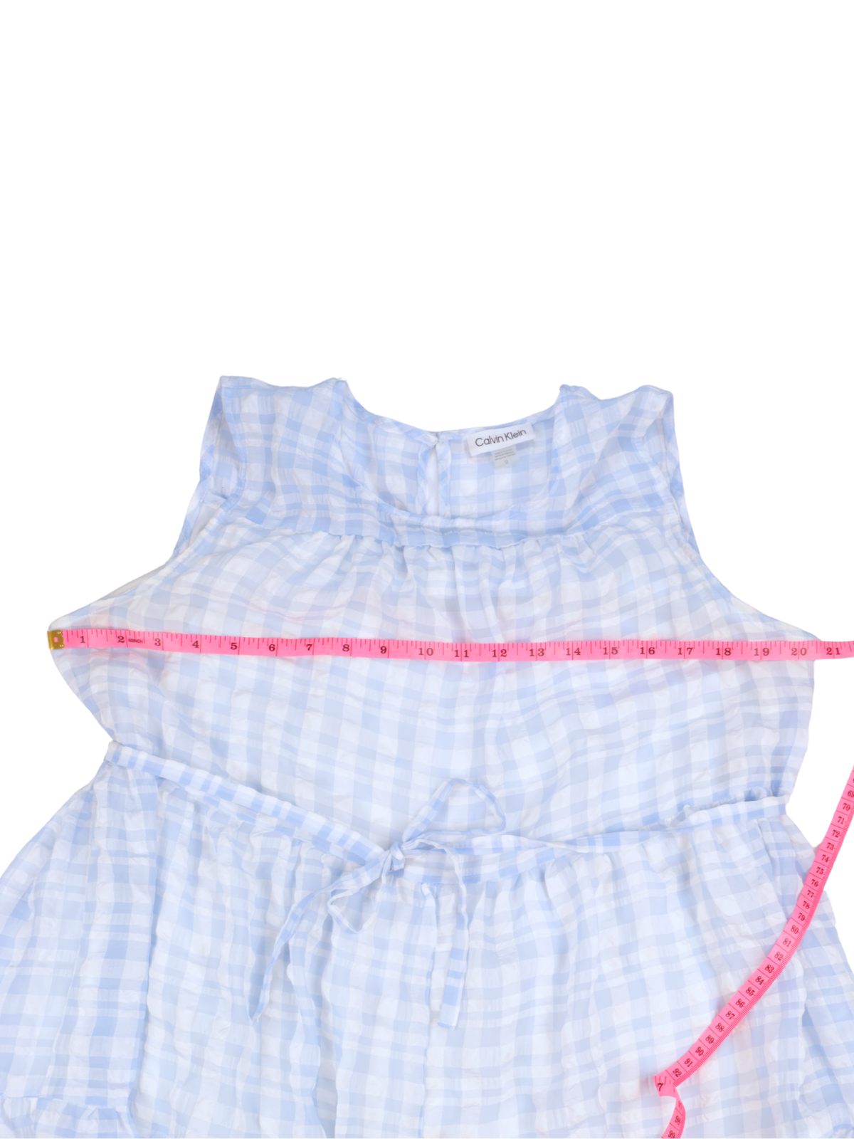 Calvin Klein Blue & White Gingham Tiered Dress | Sleeveless Tie Waist Dress | Size 12