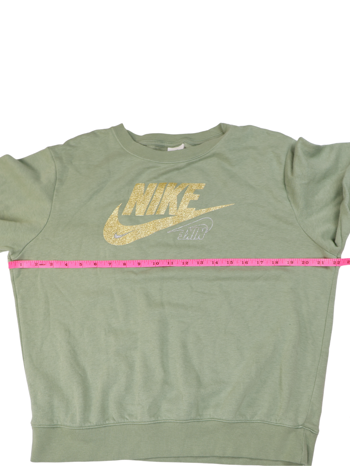 Nike Sage Green Glitter Logo Fleece Sweatshirt Small Gold Silver Graphic Crewneck