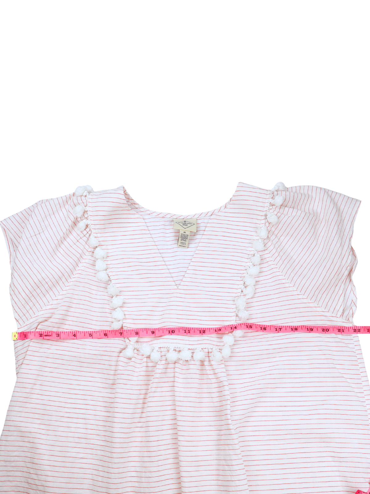 St. John’s Bay White Red Stripe Pom Trim Blouse Size XL Coastal Boho Top