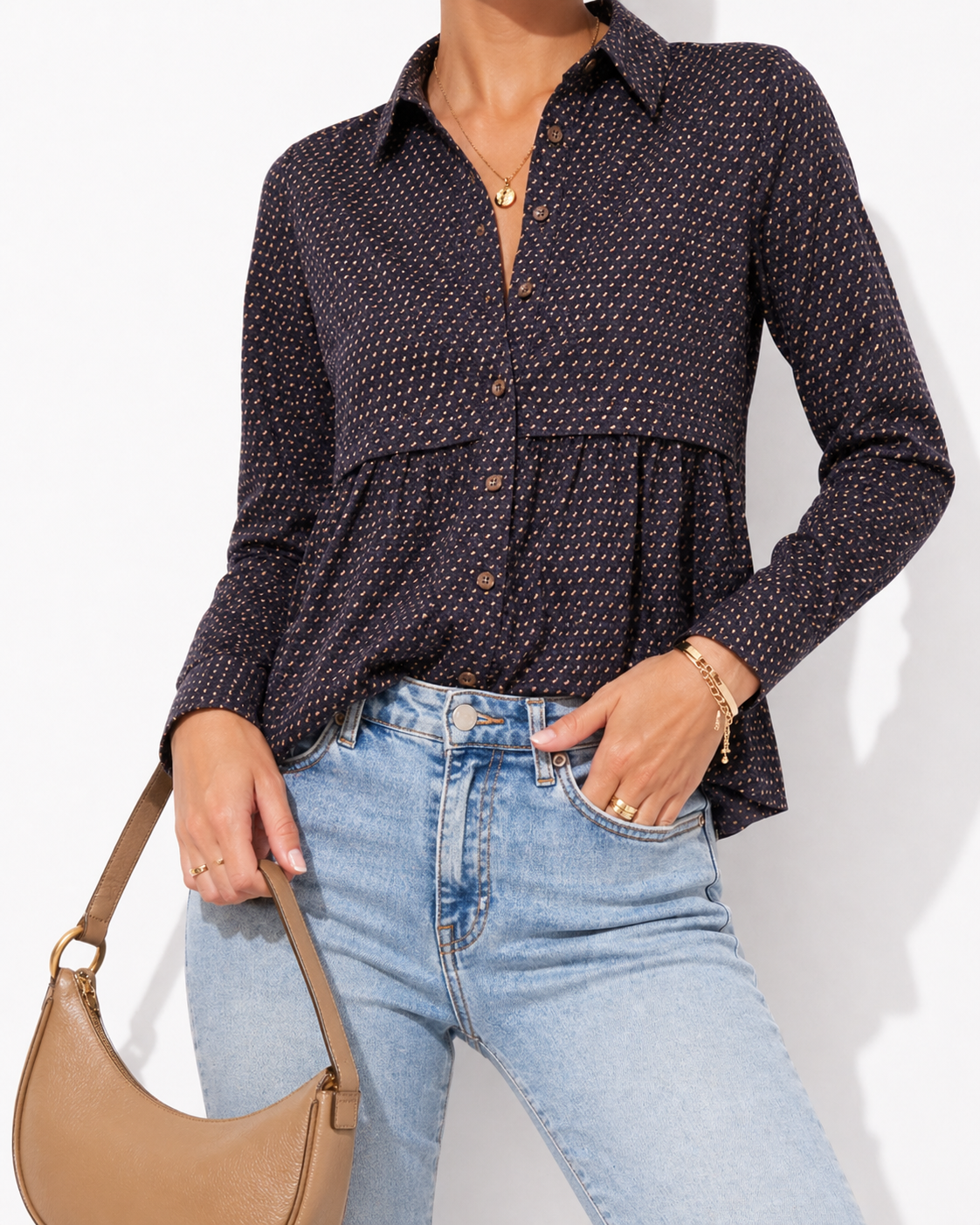 Maeve Anthropologie Blouse Size S | Navy Printed Button Front Peplum Style Top