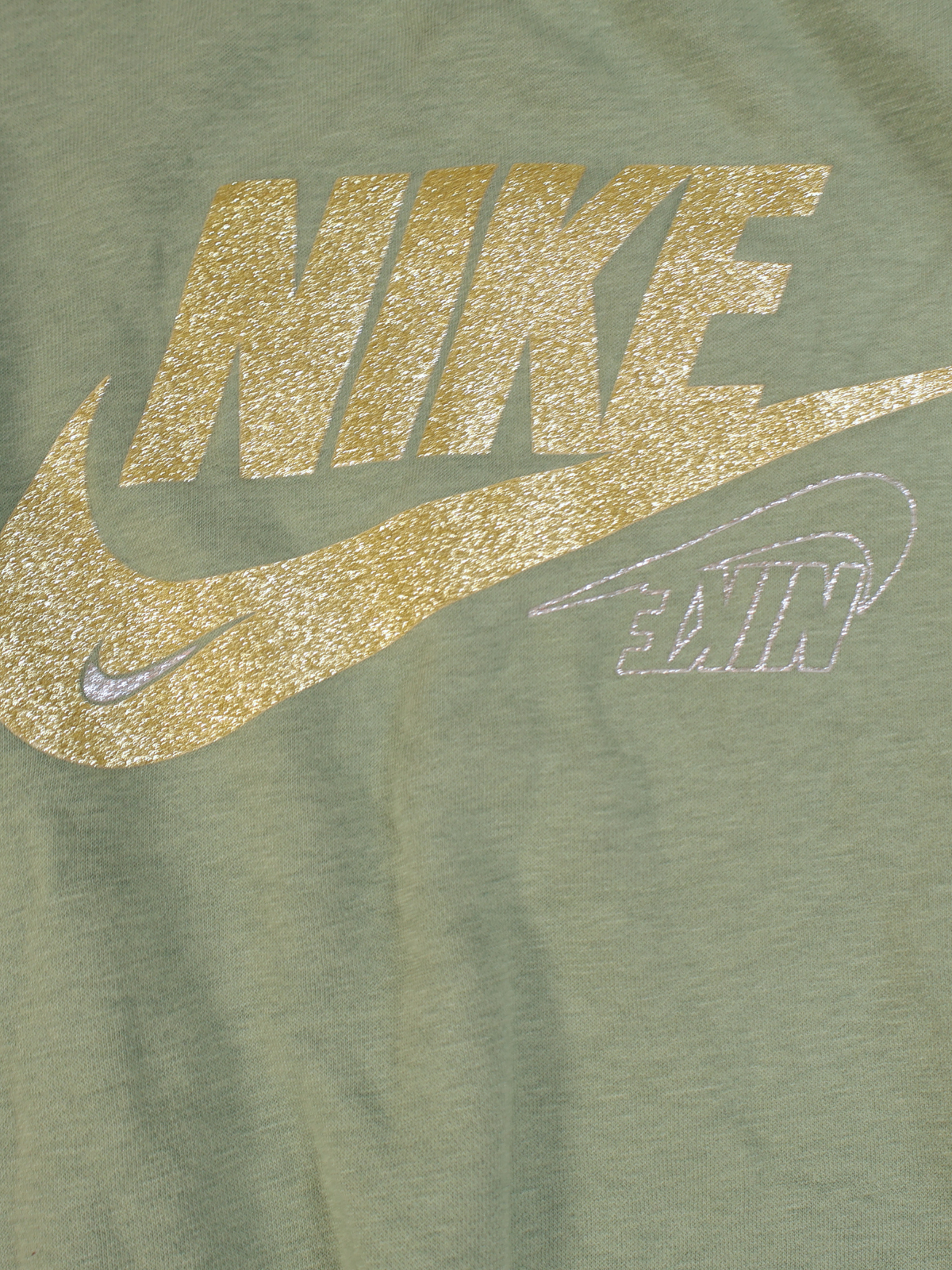 Nike Sage Green Glitter Logo Fleece Sweatshirt Small Gold Silver Graphic Crewneck