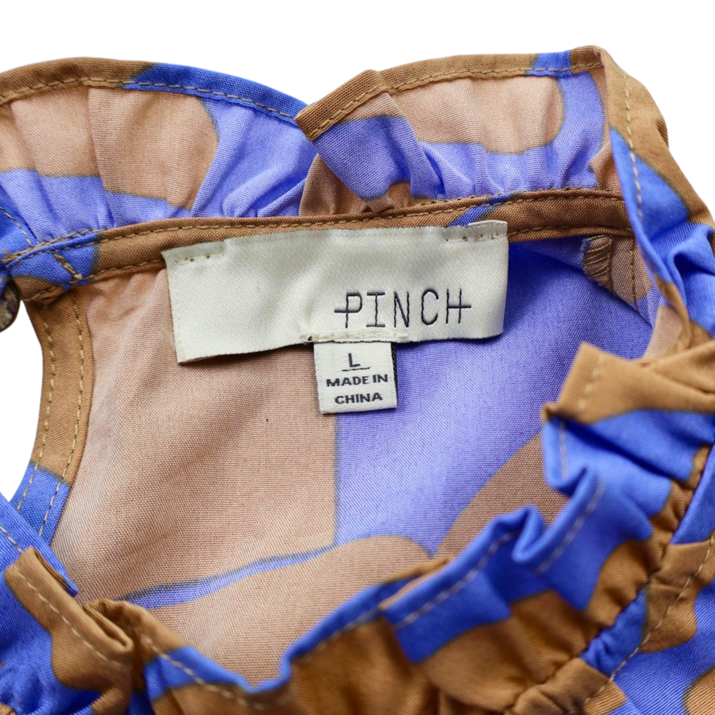 Pinch Abstract Print Midi Dress Blue & Tan Ruffle Sleeve Size Large