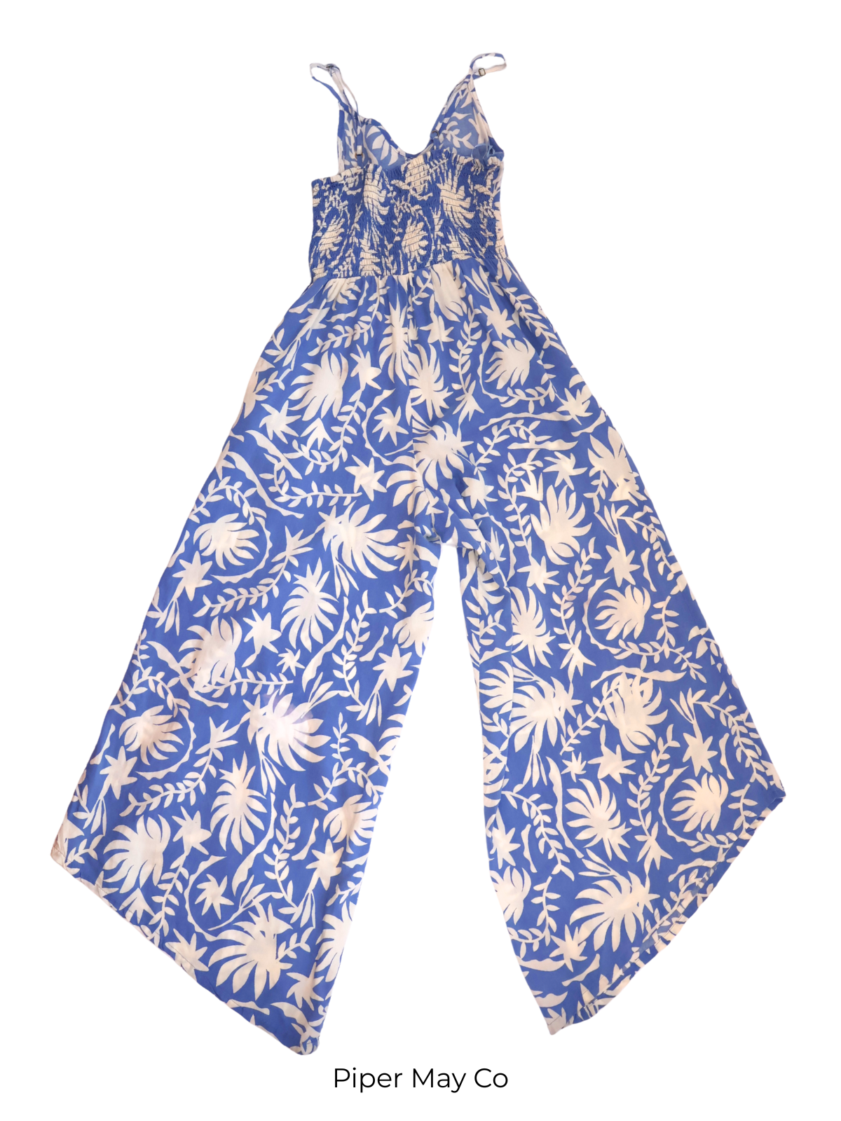 Japna Blue & Cream Tropical Wide-Leg Romper | Effortless Resort Statement | Size XS