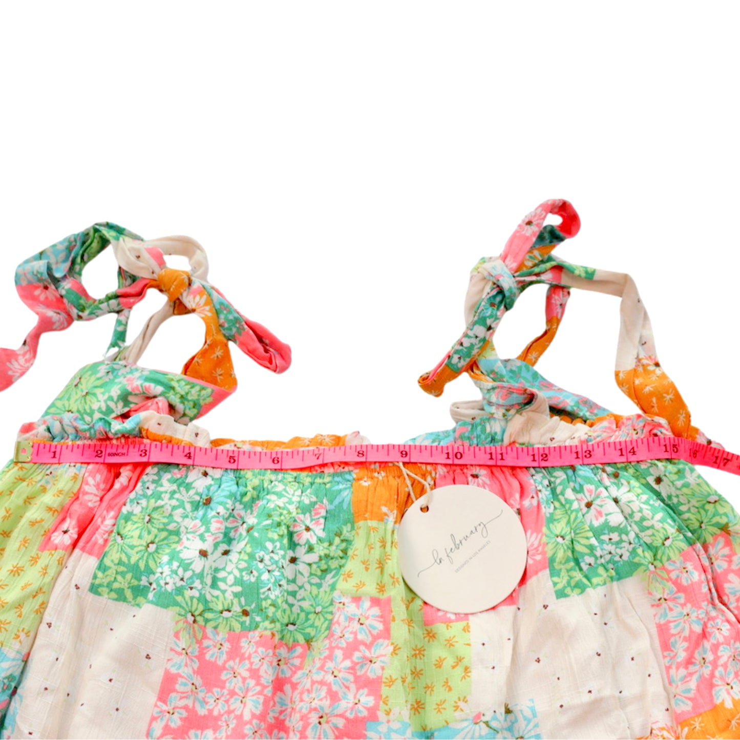 In February Patchwork Smocked Dress Tie Strap Floral Size Medium NWT