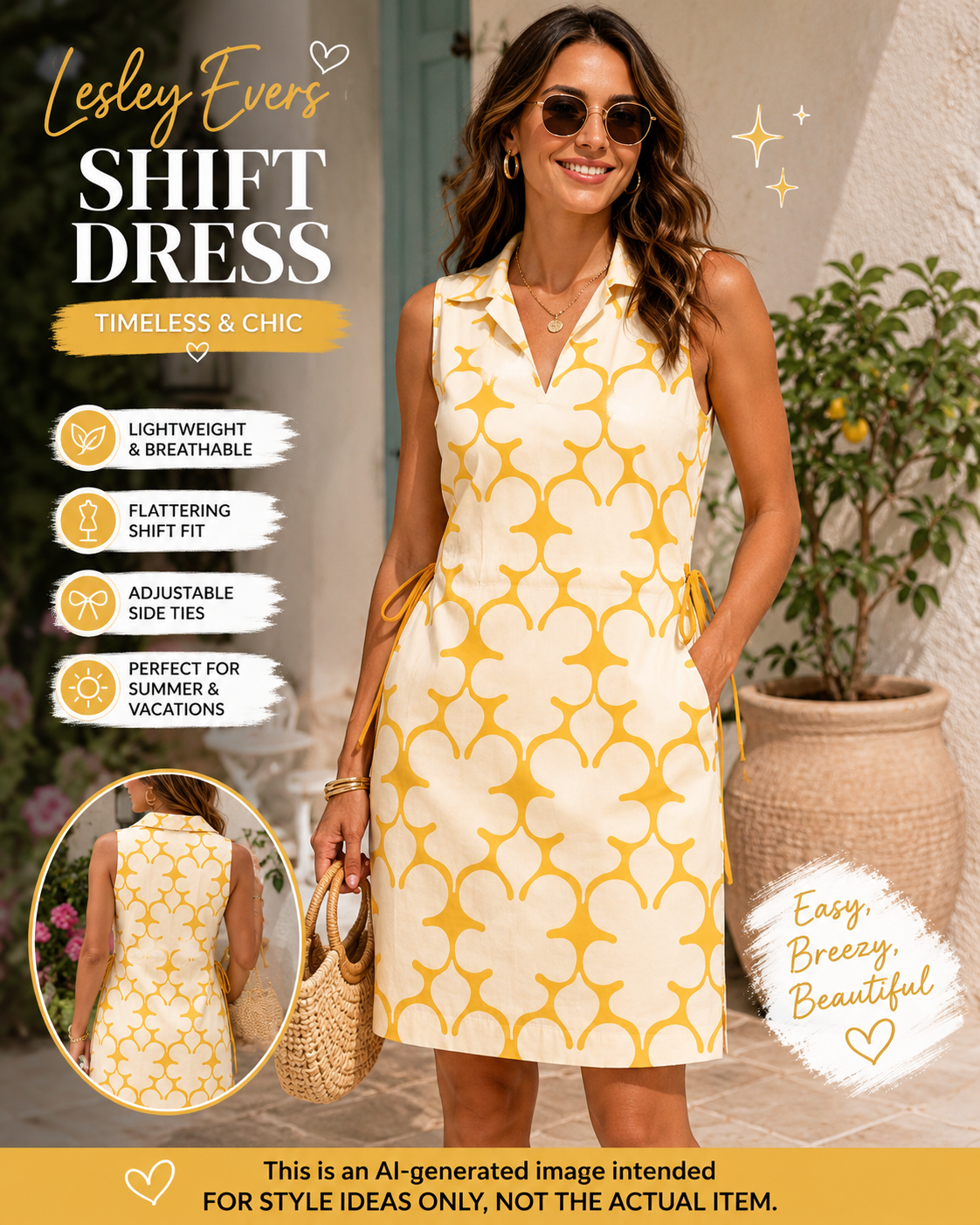 Lesley Evers Sleeveless Shift Dress Medium Yellow Geometric Collared Cotton Summer Dress