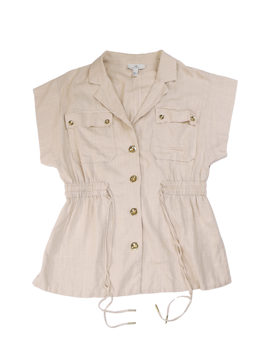 Halston Beige Utility Safari Top Size Small Linen Blend Gold Button Shirt