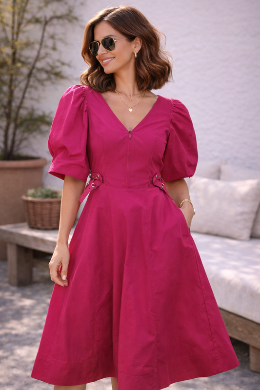 3.1 Phillip Lim Magenta Puff Sleeve Midi Dress – A-Line Designer Statement (Size 10)