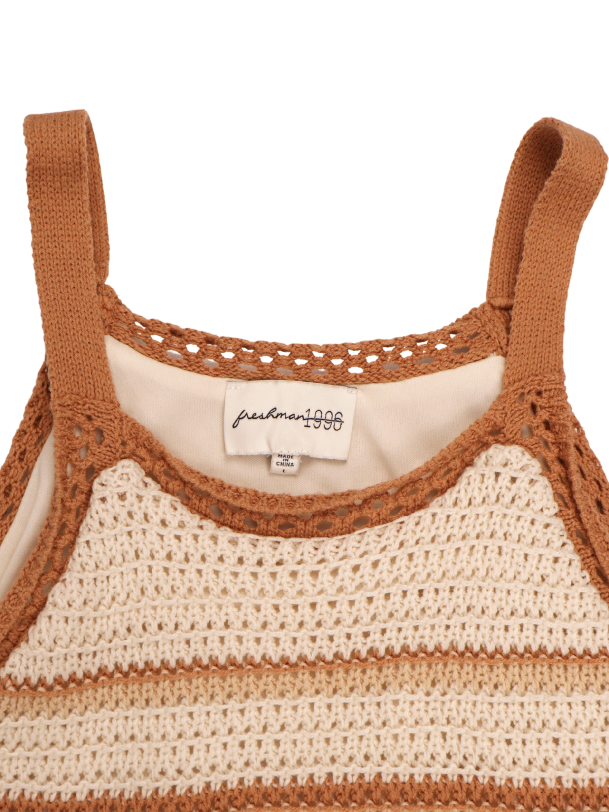 Freshman 1996 Crochet Knit Cropped Tank Top – Boho Neutral Striped Size Large