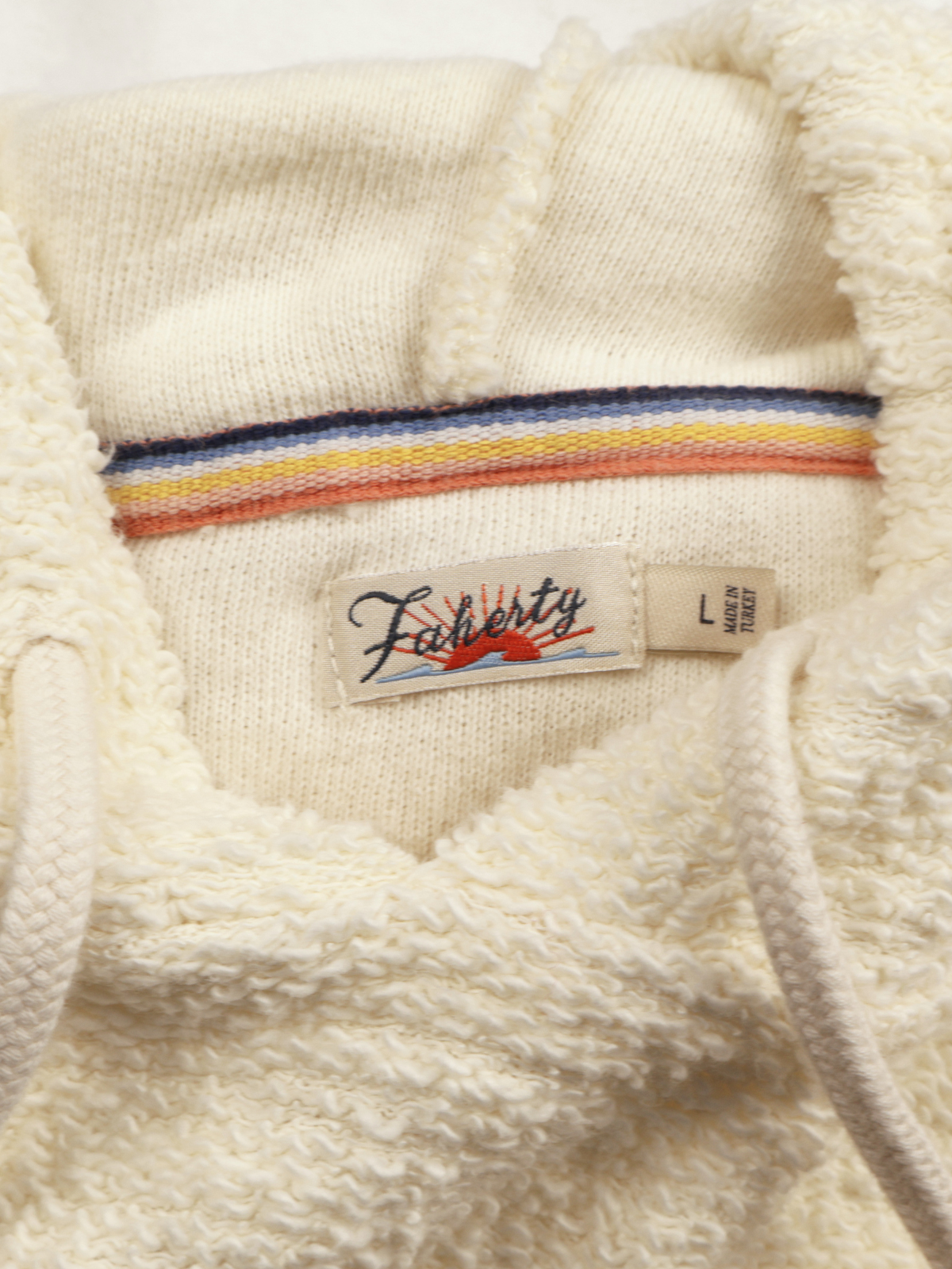 Faherty Vista Hoodie Sweater – Cream Striped Cozy Knit | Size Large