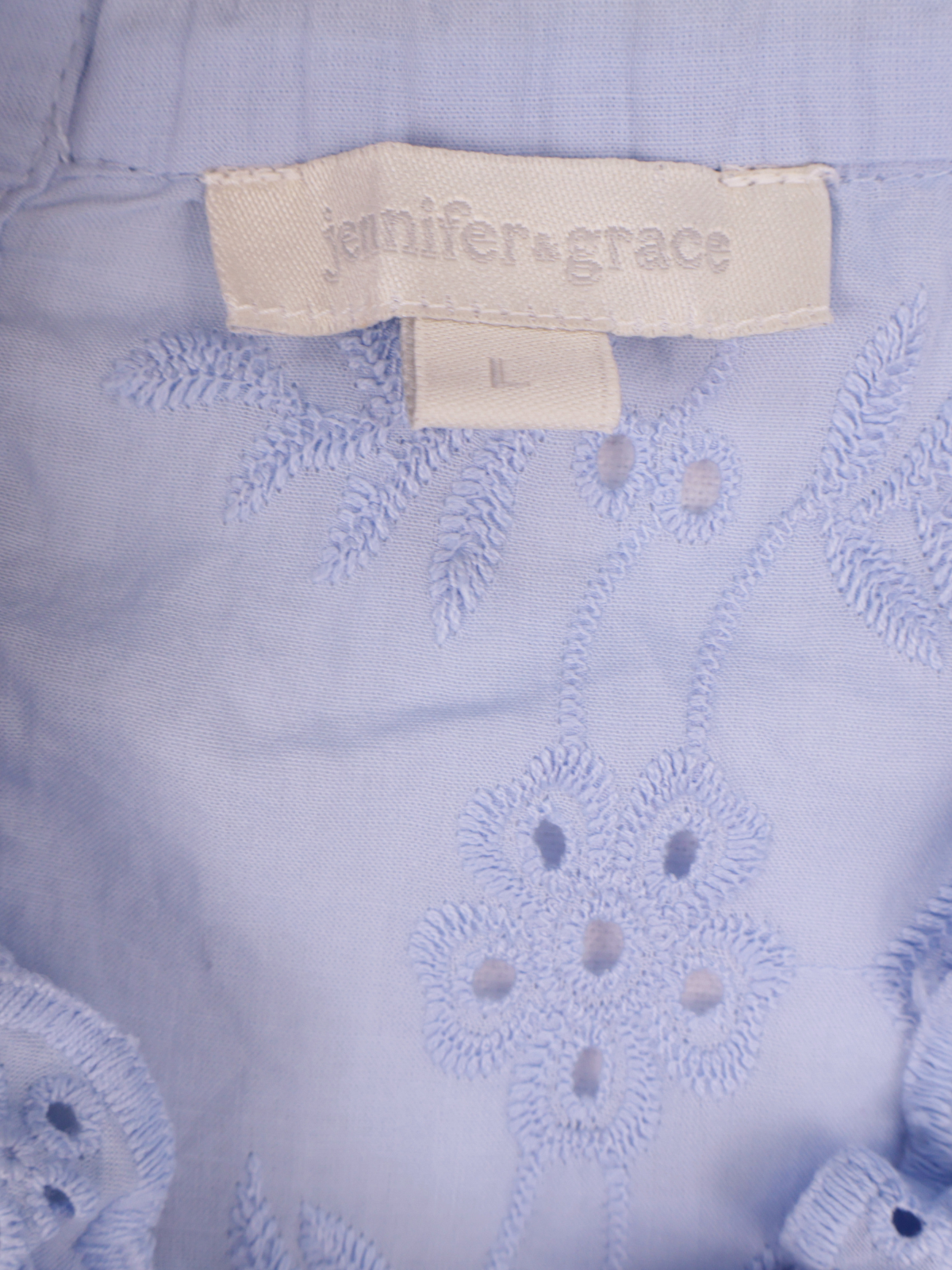 Jennifer & Grace Blue Embroidered Eyelet Blouse | Button Back Flutter Sleeve Top | Large