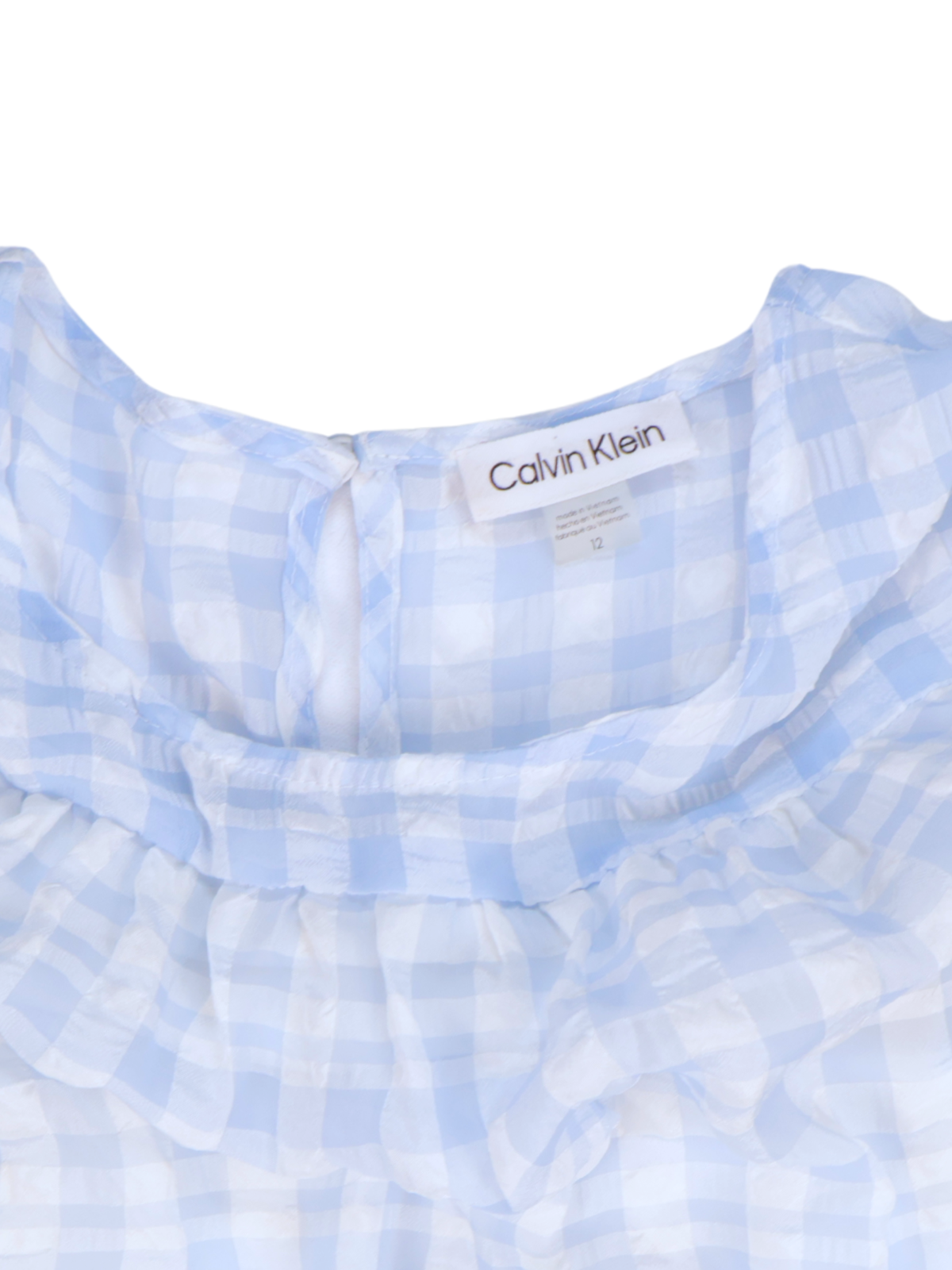 Calvin Klein Blue & White Gingham Tiered Dress | Sleeveless Tie Waist Dress | Size 12
