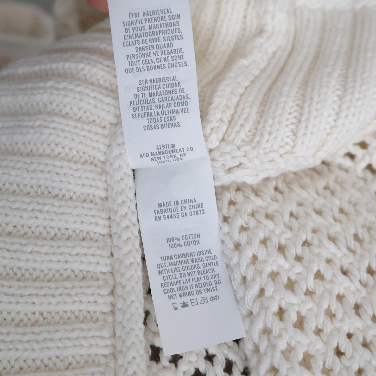 Aerie Cream Open Knit Sweater | Breathable Cotton Pullover | Relaxed Cropped Fit | Size M