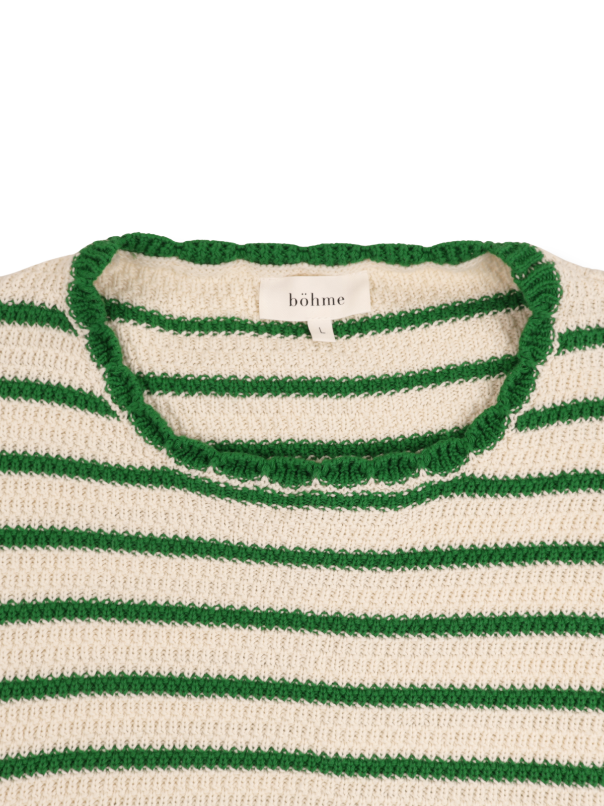 Böhme Crochet Knit Sweater Top Size L | Cream & Green Striped Scalloped Hem