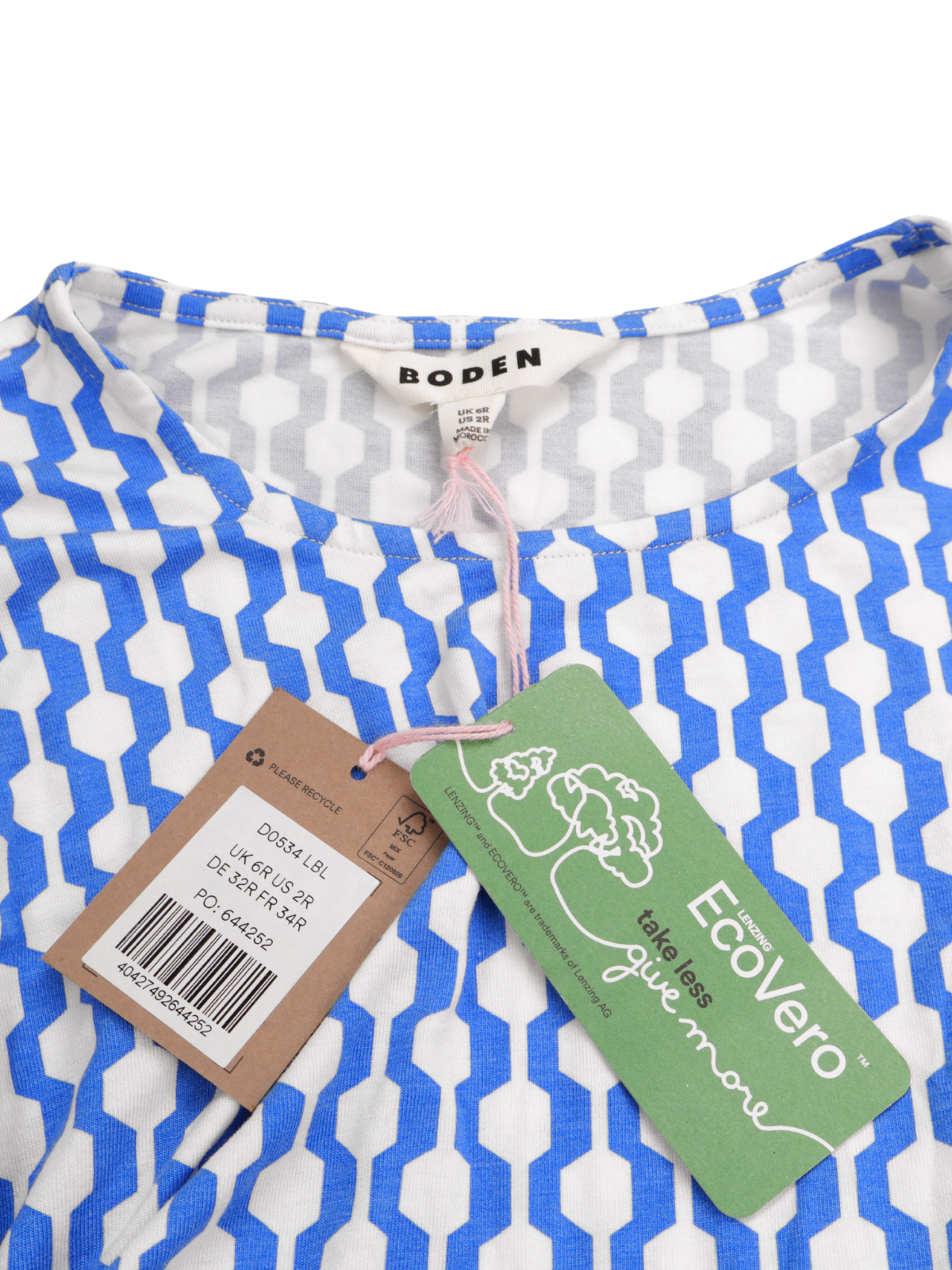 Boden Blue Geometric Print Midi Dress NWT – Tie Waist Short Sleeve Size 6R