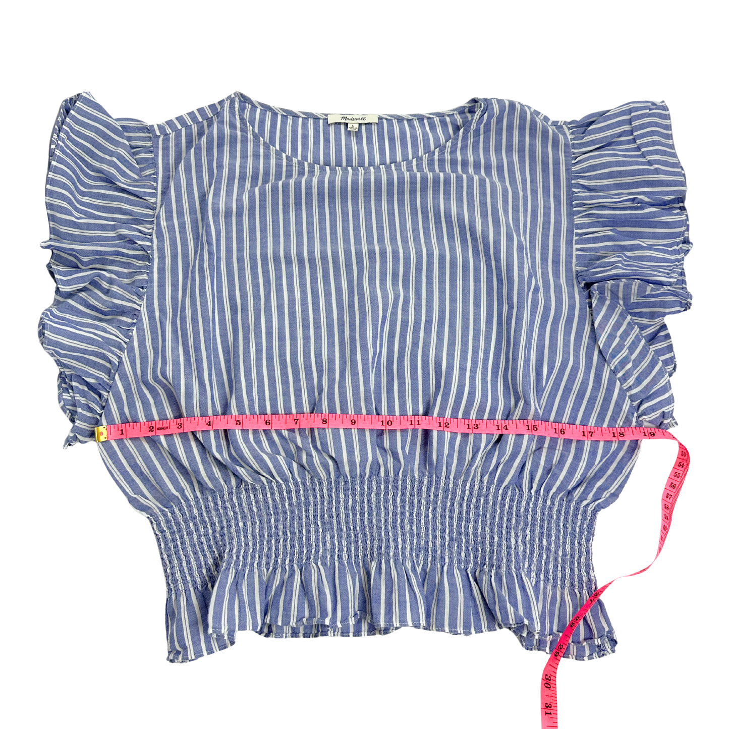 Madewell Blue & White Striped Smocked Ruffle Blouse – Size Large