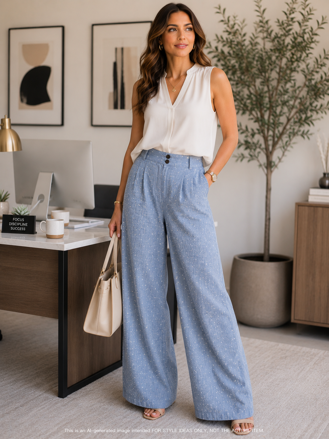 CeCe Blue Wide Leg Pants Size 12 High Rise Pleated Chambray Look