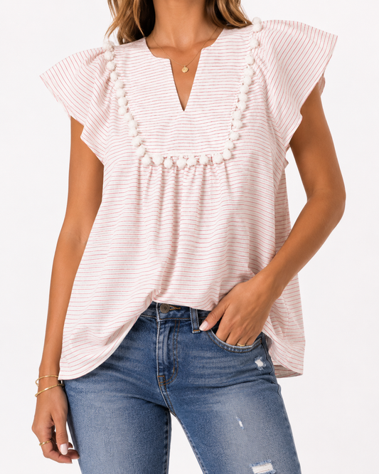 St. John’s Bay White Red Stripe Pom Trim Blouse Size XL Coastal Boho Top