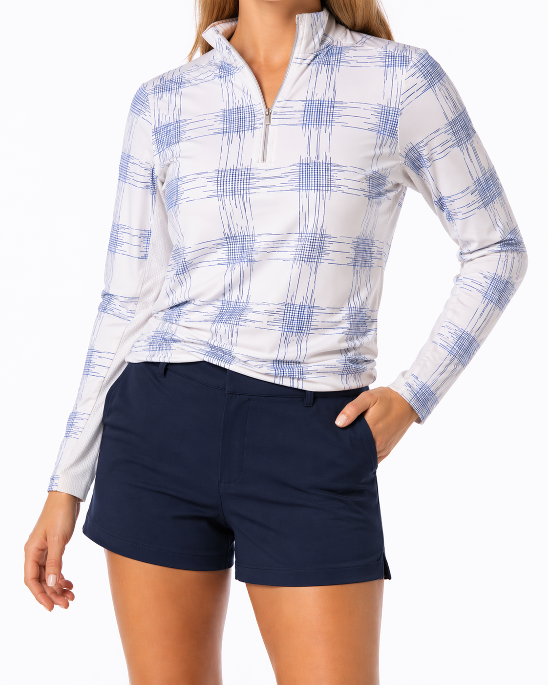 SanSoleil UPF 50 1/4 Zip Pullover | Blue Plaid | Performance Top | XS