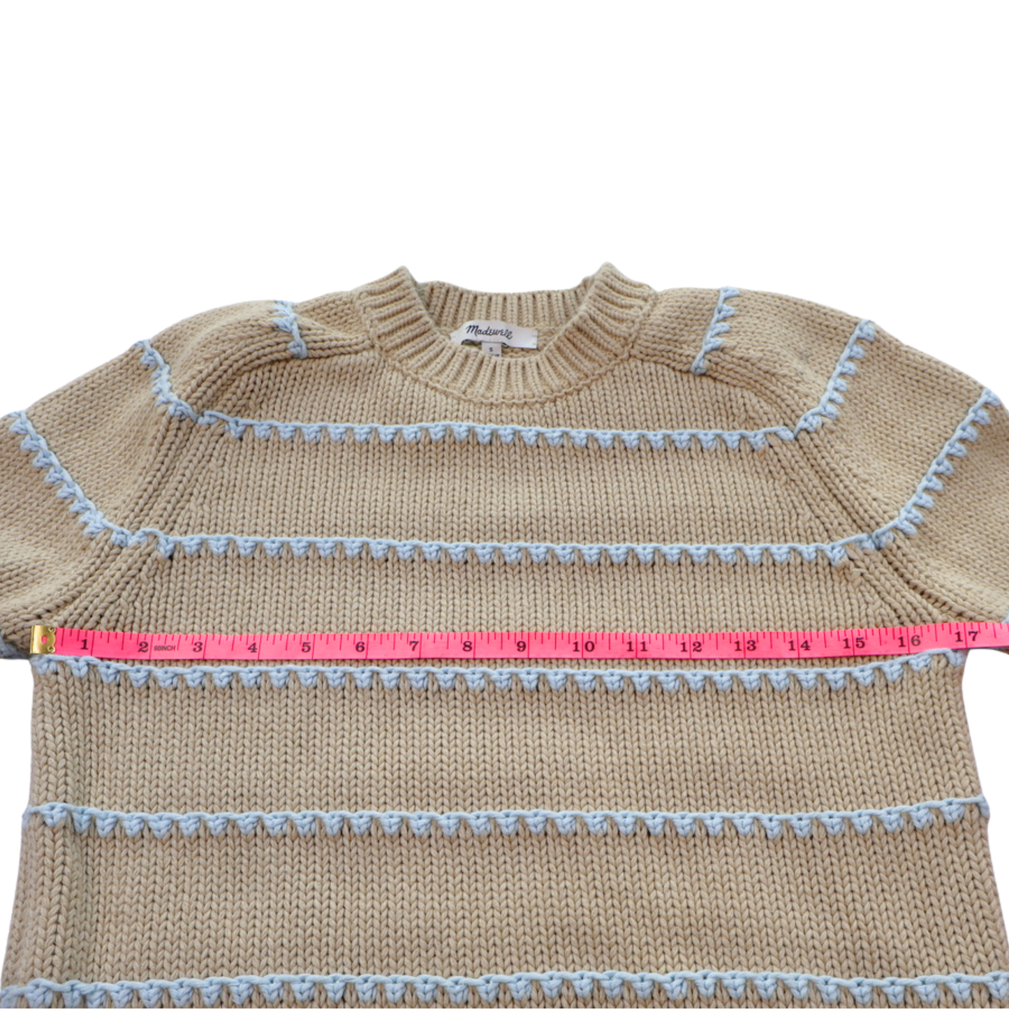 Madewell Cotton Knit Sweater – Tan with Blue Stripe Detail | Size Small | Elevated Everyday Staple