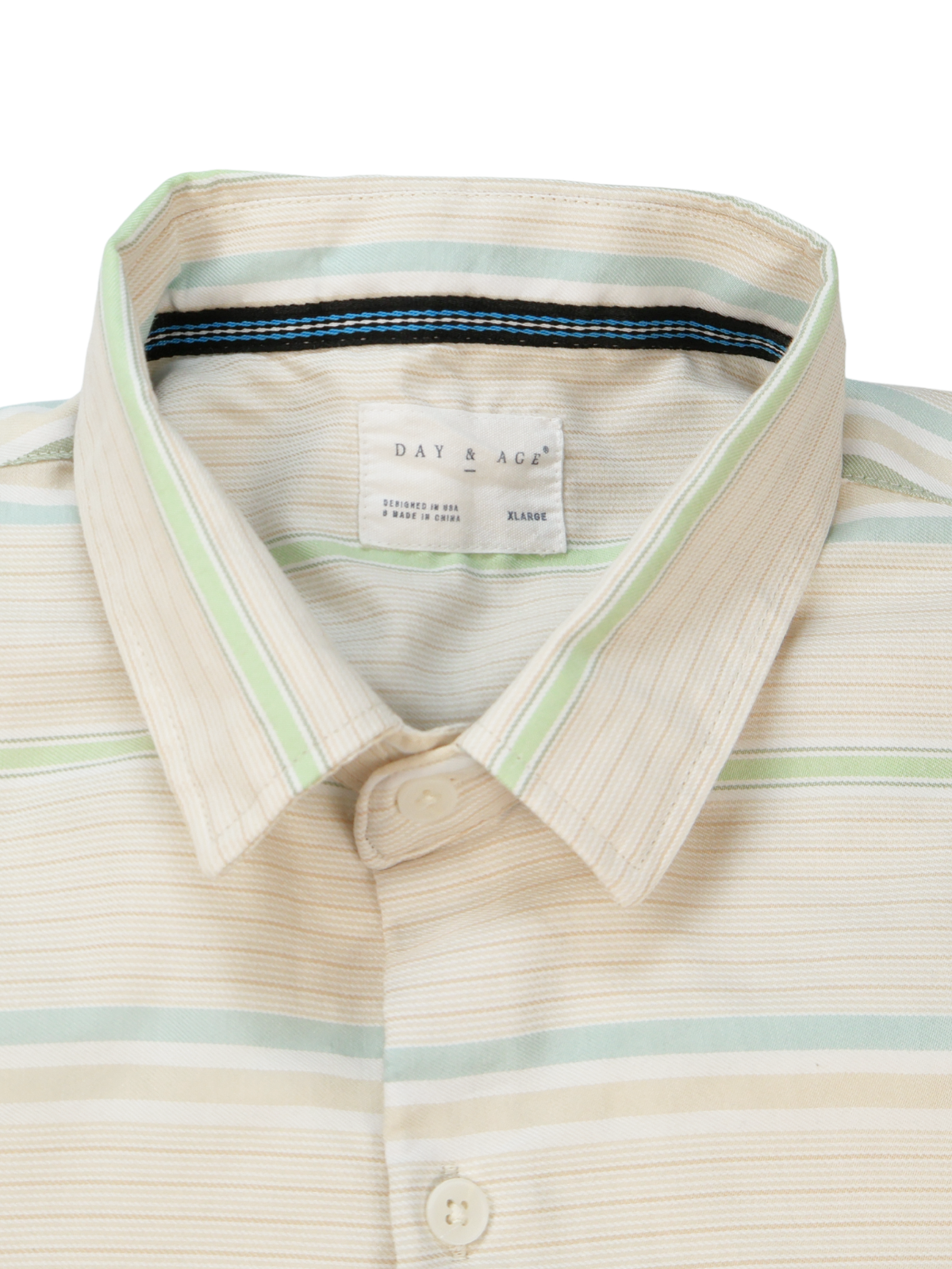 DAY & AGE Men’s XL Coastal Stripe Button Front Shirt Taupe Green Blue Casual