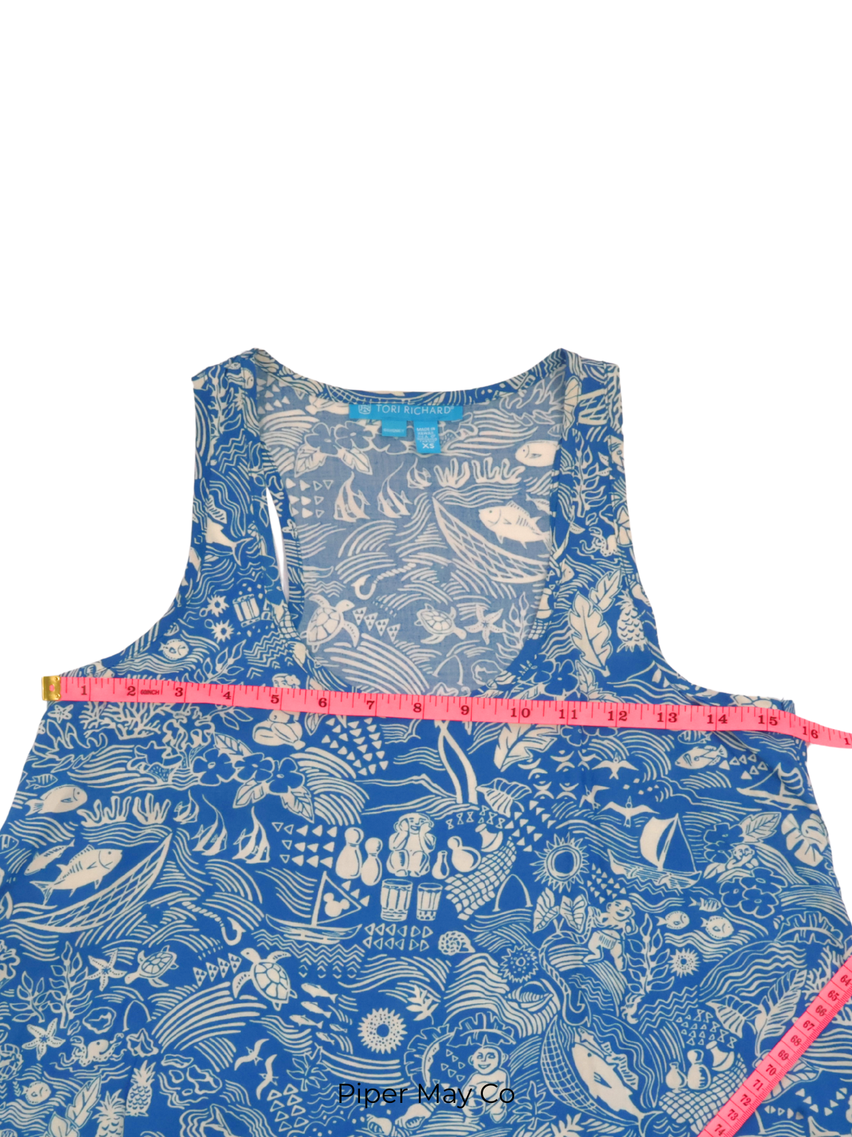 Tori Richard Coastal Print Tank – Blue & Ivory Statement Top (XS)