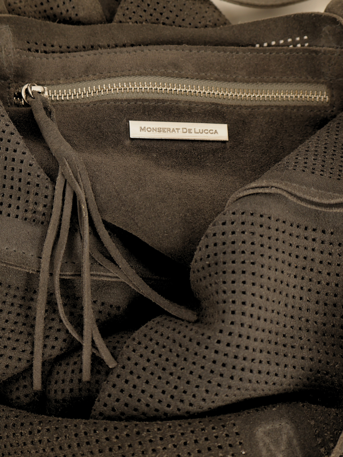 Monserat DeLucca Dark Gray Suede Hobo Tote Bag Perforated Leather Large