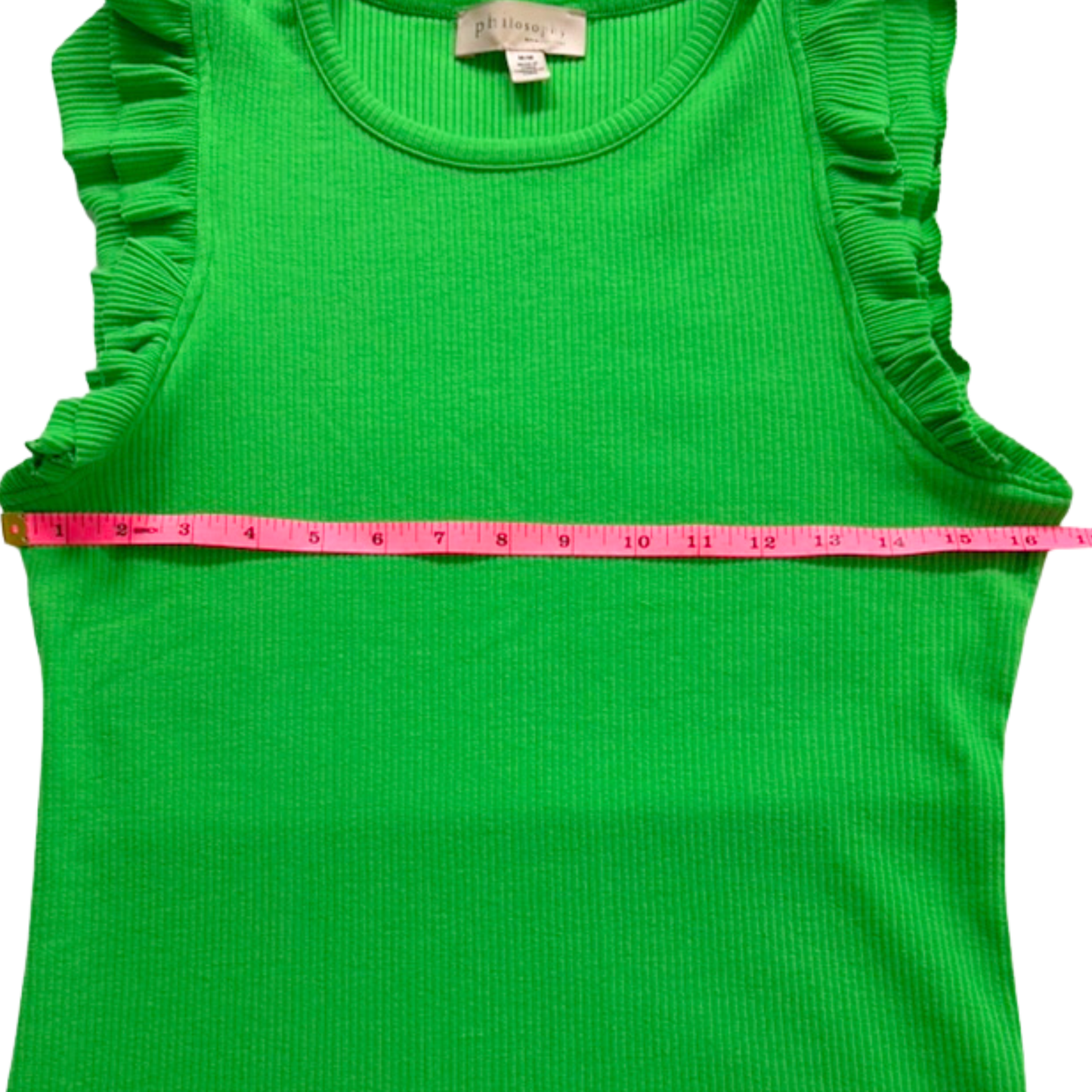 Philosophy Green Ribbed Tank Ruffle Sleeve Top Soft Stretch Knit Size Medium