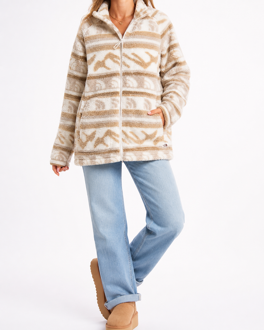 The North Face Printed Sherpa Fleece Jacket – Tan & Cream Cozy Essential (Size Medium)