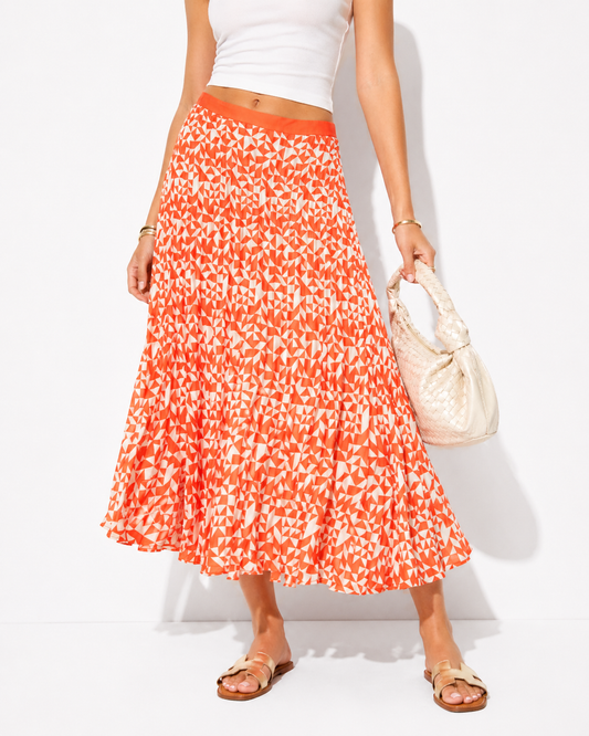 Future Collective Midi Skirt Size 0 | Orange Geometric Print Flowy Statement Skirt