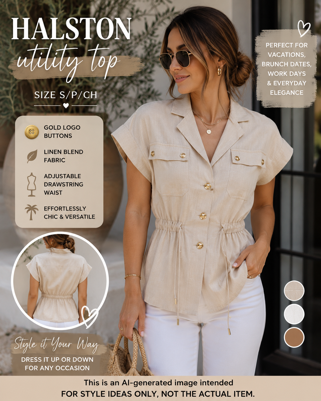 Halston Beige Utility Safari Top Size Small Linen Blend Gold Button Shirt