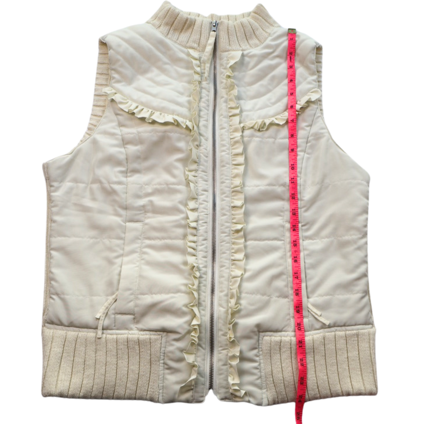 I.N. Studio Quilted Ruffle Zip Vest Cream Size Large Cozy Chic Layer